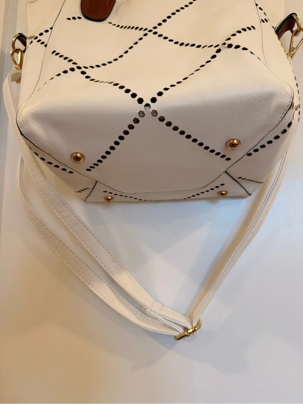 Louenhide White Laser Cut Tote with Crossbody Strap & Pouch